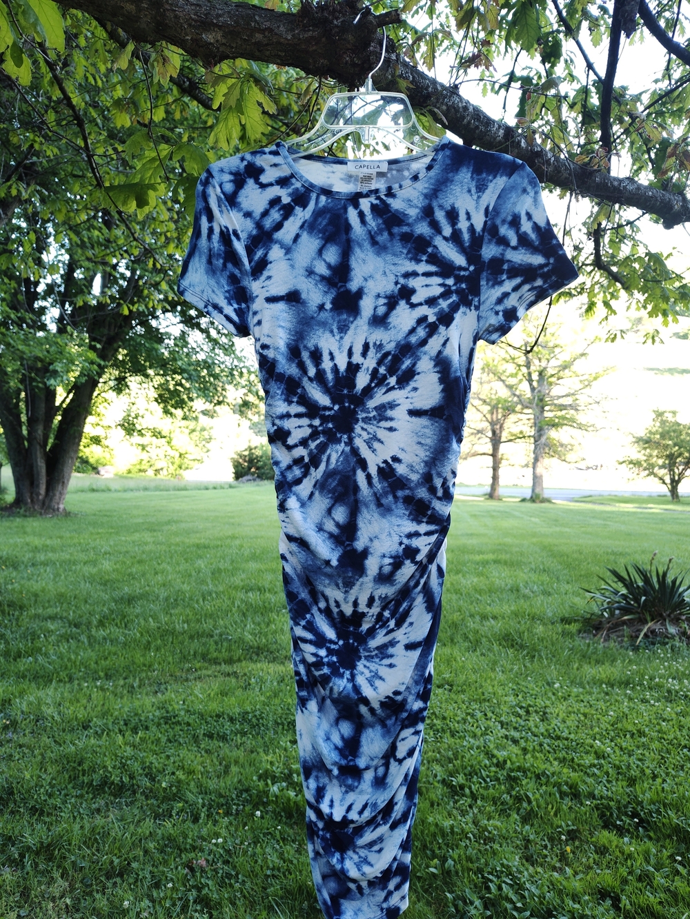 Blue And White Tie-Dye Short Sleeve Women’s Dress With Rusched Sides